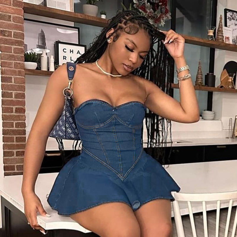 Women's Y2K Backless Tube Denim Dress – Slim Fit Summer Casual Mini Dress with Strapless Design